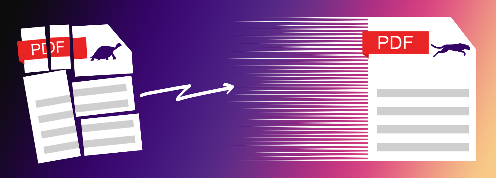 A slow, fractured PDF document marked with a turtle icon is transformed into a quick, unified PDF marked with a cheetah icon